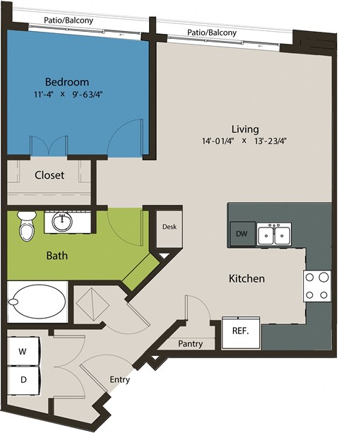 Floor plan for 1 bed, 1 bath, 728 sqft
